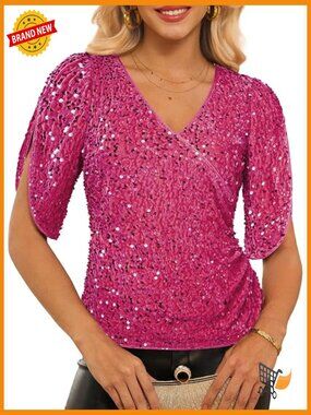 3/4 Sleeve Velvet Sequin V-Neck Blouse Party Top